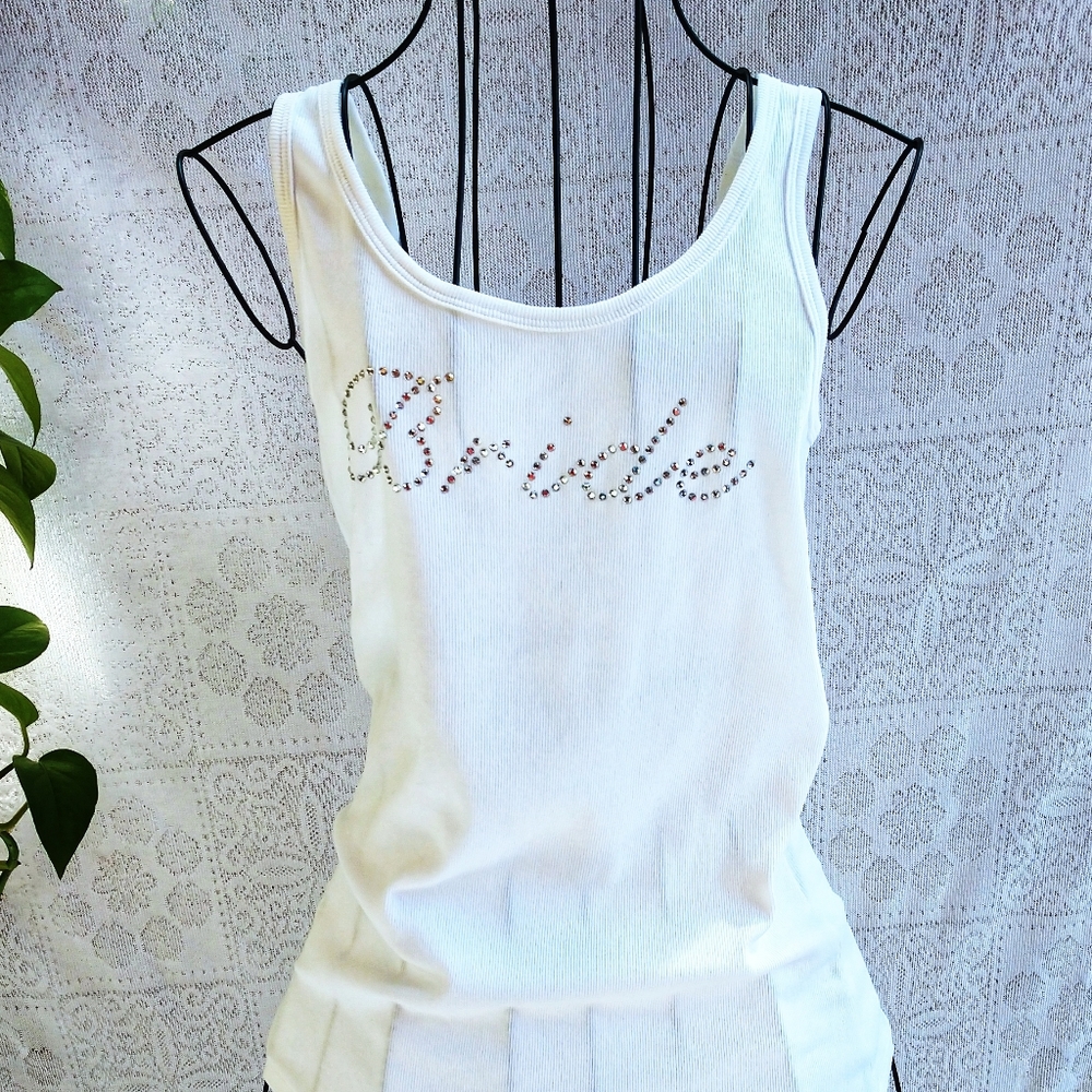 Bride Rhinestone White Ribbed Tank Top Size Large